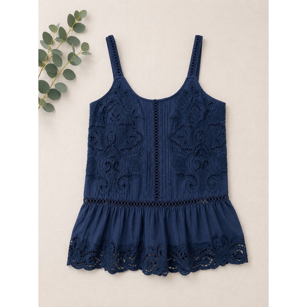Sundance Navy Blue Embroidered Eyelet Lace Peplum Camisole Top XS